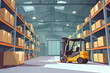 Logistics distribution center, Forklift in retail warehouse filled with shelves with products in cardboard boxes