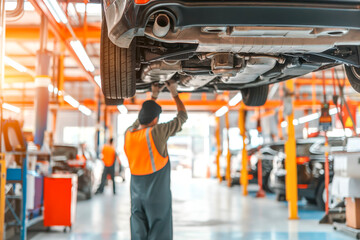 Male car mechanic worker working using wrench tool for repair, maintenance underneath car. Mechanic vehicle service checking under car in garage