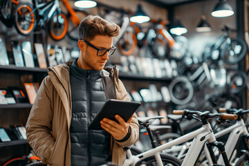 Wall Mural - Man looking at electric bikes in a cycle store. Urban lifestyle concept