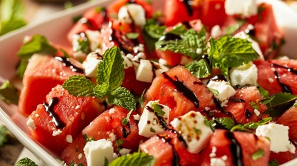 Wall Mural - A close-up image of a watermelon salad sprinkled with feta cheese and fresh mint leaves.