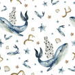 Watercolor seamless sea pattern. Endless pattern with underwater world, ocean whale, seastar, shells. Underwater background. Cute baby pattern for fabric, clothing, textiles