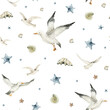 Watercolor seamless sea pattern. Endless pattern with underwater world, ocean shells, seastar, seagulls. Underwater nursery background. Cute baby pattern for fabric, clothing, textiles