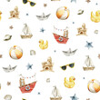 Watercolor seamless sea baby pattern. Endless pattern with beach elements, baby toys, sand castle, ocean shells, seastar, seagulls. Nursery background. Cute baby pattern for fabric, clothing, textiles