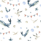 Fototapeta  - Watercolor seamless sea pattern. Endless pattern with underwater world, ocean whale, seastar, shells, seagulls. Underwater background. Cute baby pattern for fabric, clothing, textiles