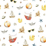 Fototapeta  - Watercolor seamless sea baby pattern. Endless pattern with beach elements, baby toys, sand castle, ocean shells, seastar, seagulls. Nursery background. Cute baby pattern for fabric, clothing, textiles