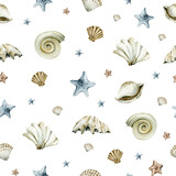 Fototapeta  - Watercolor seamless sea pattern. Endless pattern with underwater world, ocean shells, seastar. Underwater nursery background. Cute baby pattern for fabric, clothing, textiles