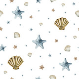 Fototapeta  - Watercolor seamless sea pattern. Endless pattern with underwater world, ocean shells, seastar. Underwater nursery background. Cute baby pattern for fabric, clothing, textiles