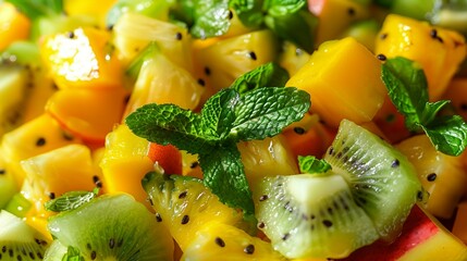 Wall Mural - A close-up image of a colorful fruit salad, featuring diced kiwi, mango, and other fruits, garnished with fresh mint leaves.