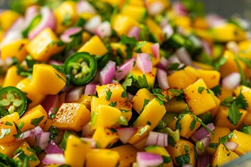 Wall Mural - A close-up image showcasing a freshly prepared mango salsa with diced mangoes, red onions, green herbs, and jalapeños.