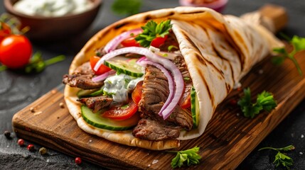 Wall Mural - A close-up image of a gyro wrap filled with slices of meat, fresh vegetables like tomato and cucumber, and topped with tzatziki sauce, served on a wooden board.