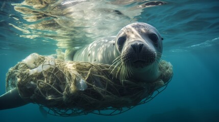 Wall Mural - Underwater shot of a seal entangled in fishing net, emphasizing the need for safer marine practices,