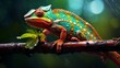 Vividly colored chameleon on a rain-soaked branch, water droplets enhancing the texture of its skin, in a vibrant, natural rainforest habitat,