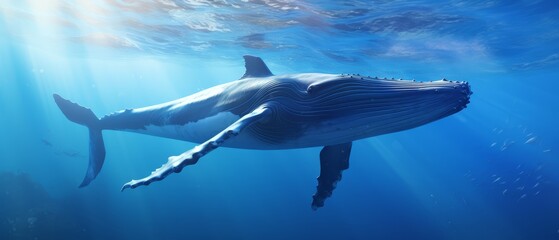 Poster - Majestic blue whale swimming near the ocean surface under bright sunlight, showcasing its immense size,