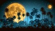 Beautiful fantasy tropical in night skies with tree, and shining moon in beach view, night sky with moonlight between forest 