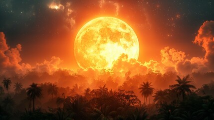 Beautiful fantasy tropical in night skies with tree, and shining moon, night sky with moonlight between forest 