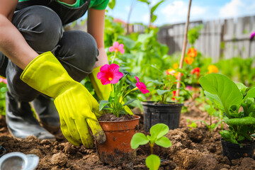 Woman repotting flower plants at home garden. Spring gardening