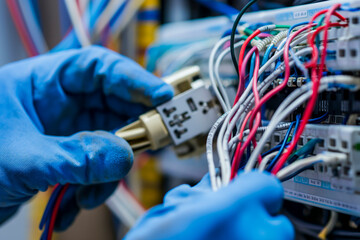 Close-up of a technician's hands wearing blue gloves, working on wiring and connectors in an industrial setting.