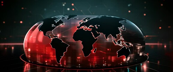 Animated world map with pulsing cybersecurity threats, flat, radar screen background,