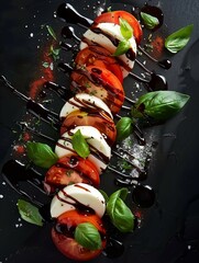 Wall Mural - A mouthwatering Caprese salad with juicy tomatoes, creamy mozzarella, fragrant basil, tangy balsamic glaze, and a touch of salt.