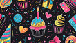 The Birthday Background on Black. Birthday background with cupcake confetti cap sparkle. Pattern for birthday background