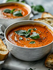 Wall Mural - Two bowls of vibrant tomato basil soup garnished with fresh basil leaves, accompanied by slices of crusty bread on a textured gray surface.