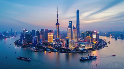 The skyline of Shanghai, China with the river flowing through it at dusk. The skyscrapers in the city of Shanghai light up against the backdrop of a blue sky and white clouds.