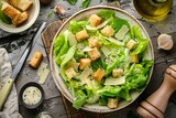 A bowl of fresh romaine lettuce tossed in creamy Caesar dressing with crispy croutons and Parmesan cheese.