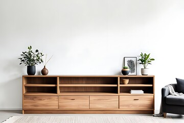 Wall Mural -  Wooden cabinet and accessories decor in living room interior on empty white wall background 