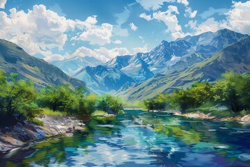 Wall Mural - serene mountain river valley landscape in summer tranquil nature scenery digital painting
