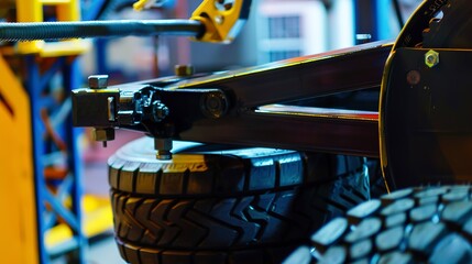 Poster - Close-up on tires being mounted onto a vehicle, detailed machinery and rubber texture