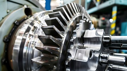 Poster - Large gear assembly in a machinery factory, close-up, detailed teeth and lubrication