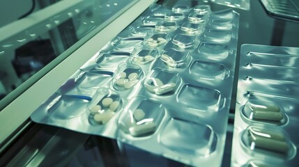 Sticker - Packaging of blister packs in a pharma factory, close-up, detailed sealing process and inspection