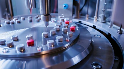 Canvas Print - Close-up of a high-speed tablet press in operation, detailed compression mechanics, tablet formation 