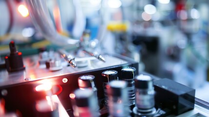 Poster - Battery testing in a tech factory, close-up, detailed measurement instruments and battery cells 