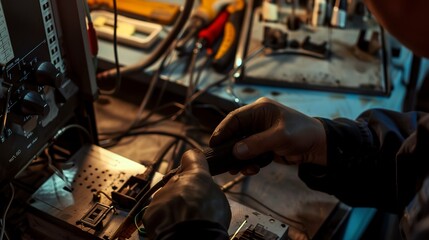 Wall Mural - Technician adjusting the settings on a plastic welding machine, close-up, detailed controls and tools 