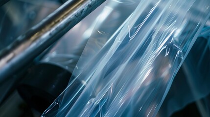 Sticker - Plastic film being stretched in a production line, close-up, detailed tension and texture