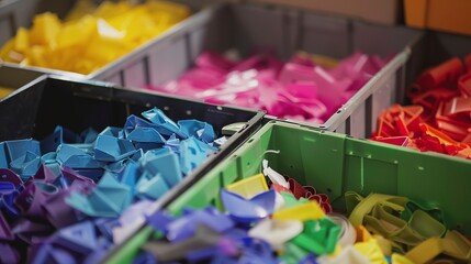 Canvas Print - Recycled plastics being sorted by color and type, close-up, detailed bins and sorting process