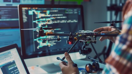 Technician programming a drone's flight controller, close-up, detailed screen and coding 