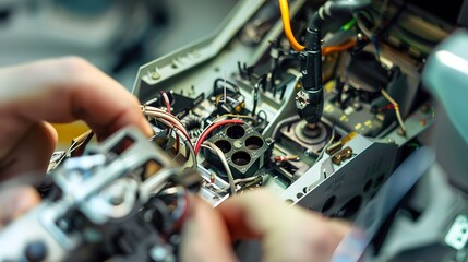 Sticker - Assembling cockpit instrumentation for a fighter jet, close-up, detailed wiring and calibration 