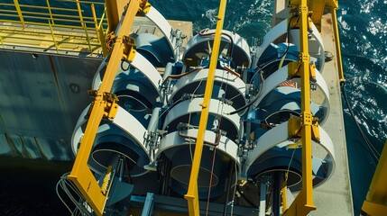 Canvas Print - Wave energy converter being assembled, close-up, detailed buoyancy modules and linkage 