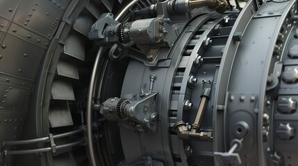 Wall Mural - Ship engine assembly, close-up, detailed components being bolted together