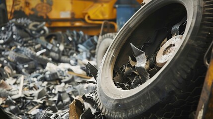 Sticker - Shredding old tires at a recycling plant, close-up, detailed rubber fragments and machinery 