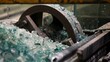 Processing recycled glass, close-up, detailed crushing and sifting machinery 