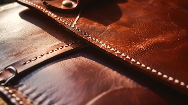 Crafting leather goods in a traditional workshop, close-up, detailed stitching and leather textures 