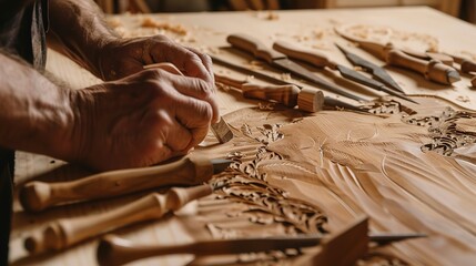 Wall Mural - Craftsman carving wood in a historic furniture workshop, close-up, detailed chisels and wood grain 