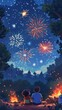A boy and a girl are sitting on a rock and watching fireworks. The sky is dark and the fireworks are bright and colorful. Scene is peaceful and joyful. Wallpaper.