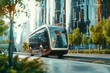 Autonomous electric bus gliding through a smart city, wide shot, futuristic urban transport, clean energy
