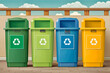 line of various brightly colored trash cans placed next to each other, creating a visually striking display of waste management items