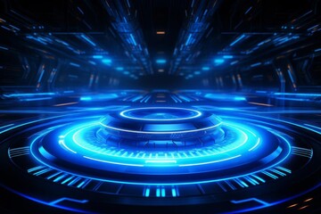 Blue neon HUD design on technology background, wide angle, crisp focus