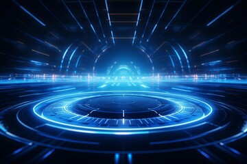 Blue neon HUD design on technology background, wide angle, crisp focus